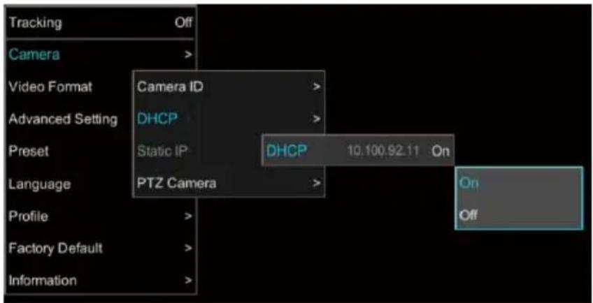 Tracking Camera Video Format Advanced Setting Preset Language Profile Factory Default Information Camera ID DHCP Static IP DHCP 10.100.92.11 On PTZ Camera On Off