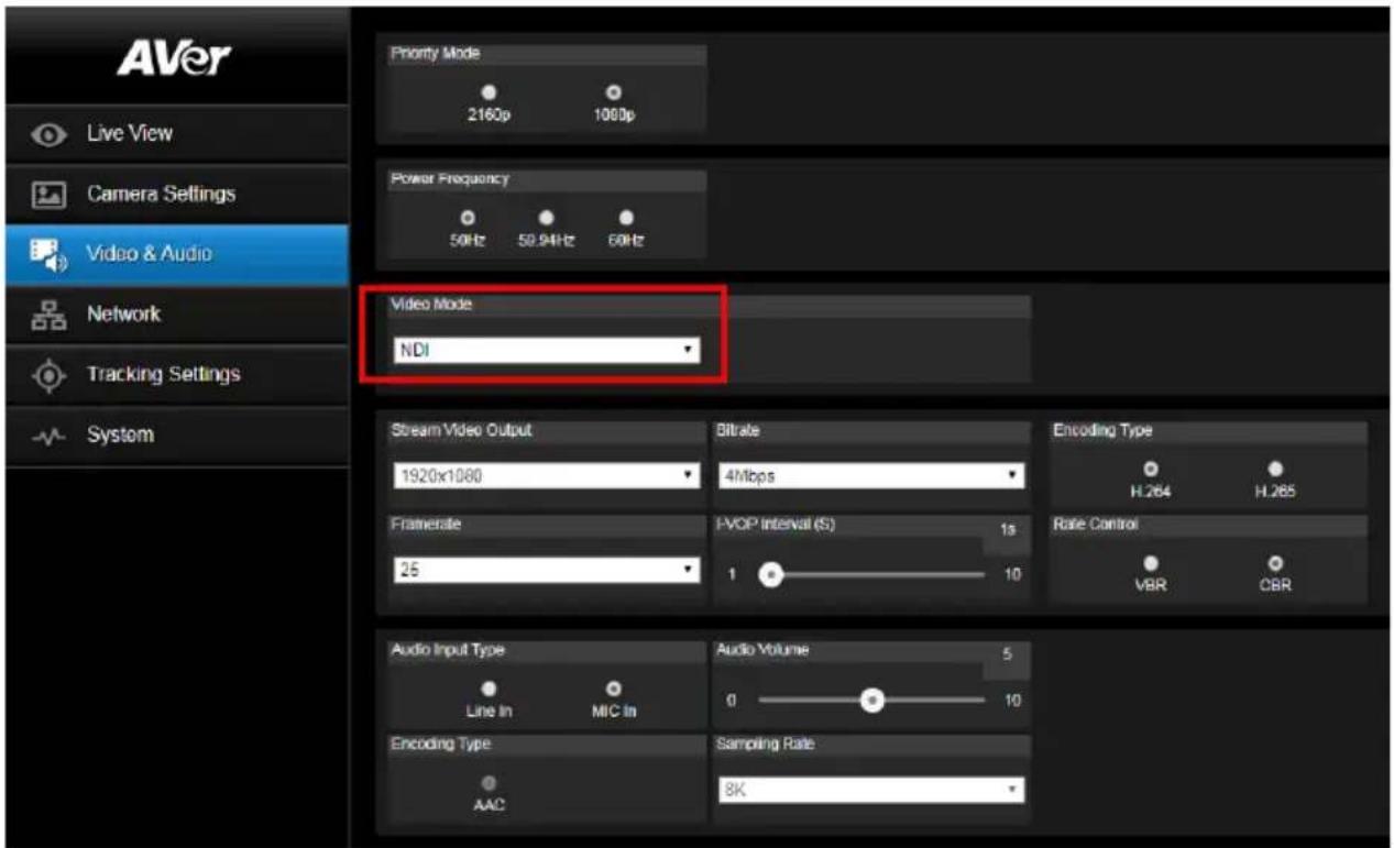 AVer Live View Camera Settings Video & Audio Network Tracking Settings System Priority Mode 2160p 1000p Power Frequency 50Hz 58.94Hz 60Hz Video Mode NDI Stream Video Output 1920x1080 Bitrate 4Mbps Framerate PVOP Interval (S) 1s 25 1 10 Audio Input Type Line In MIC In Audio Volume 5 0 10 Encoding Type Sampling Rate AAC Encoding Type VBR CBR