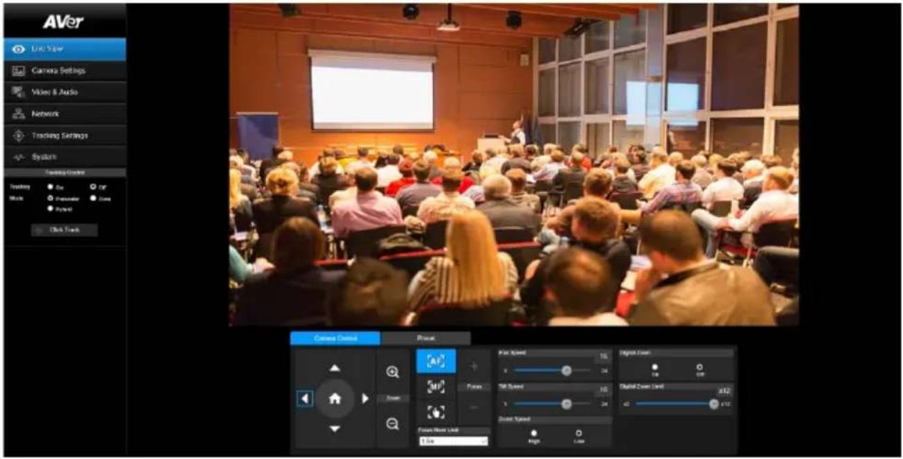 AVer Live View Camera Settings Video & Audio Network Tracking Settings Systematic Tracking Correct Tracking Wire Transmitter Lock Hybrid Click Touch Camera Control Preset Kurt Speed 10% 24 30 10% 24 Digital Draw Level x12 x12 Fusion Mode Unit 5.00 Fusion Speed High Low