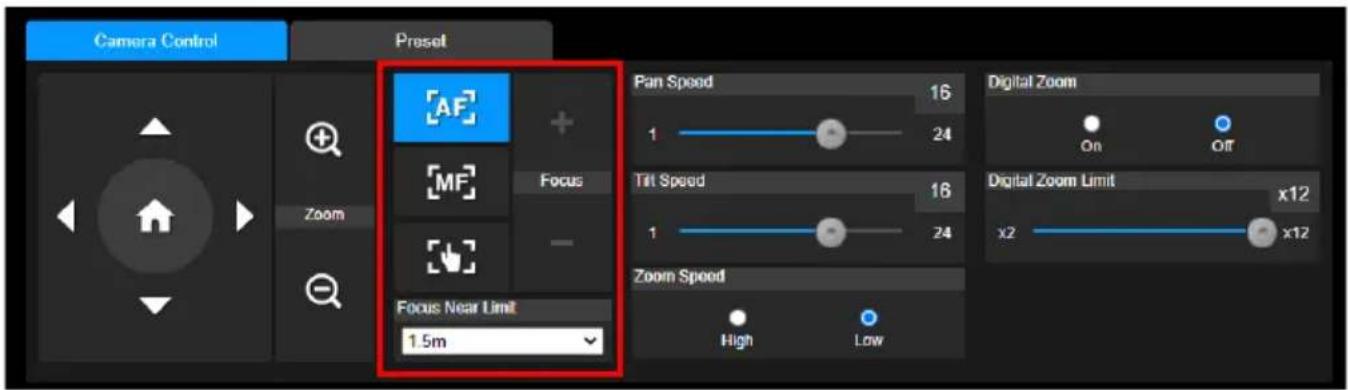 Camera Control Preset Zoom AF MF Focus - Focus Near Limit 1.5m Pan Speed 16 1 24 Tilt Speed 18 1 24 Zoom Speed High Low Digital Zoom On Off Digital Zoom Limit x12 x2 x12