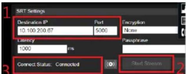 SRT Settings Destination IP Port Encryption 10.100 200.87 5000 None Latency 1000 frames Passphrase Connect Status: Connected Start Stream