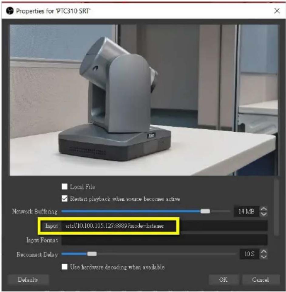 Properties for 'PTC310 SRT' Local File Restart playback when source becomes active Network Buffering 14 MB Input sits://10.100.105.127:8889?mode=listener Input Format Reconnect Delay 10 S Use hardware decoding when available Defaults OK Cancel