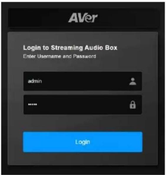 AVer Login to Streaming Audio Box Enter Username and Password admin ...... Login