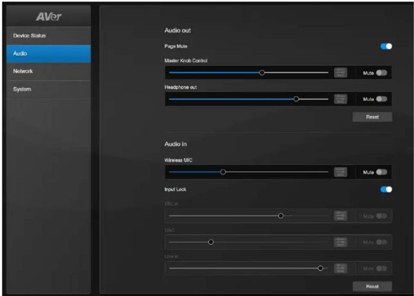 Aver Device Status Audio Network System Audio out Page Mute Master Knob Control Mute Headphone out Mute Reset Audio In Wireless MIC Mute Input Lock MIC in Mute DAC Mute Linear Mute Reset