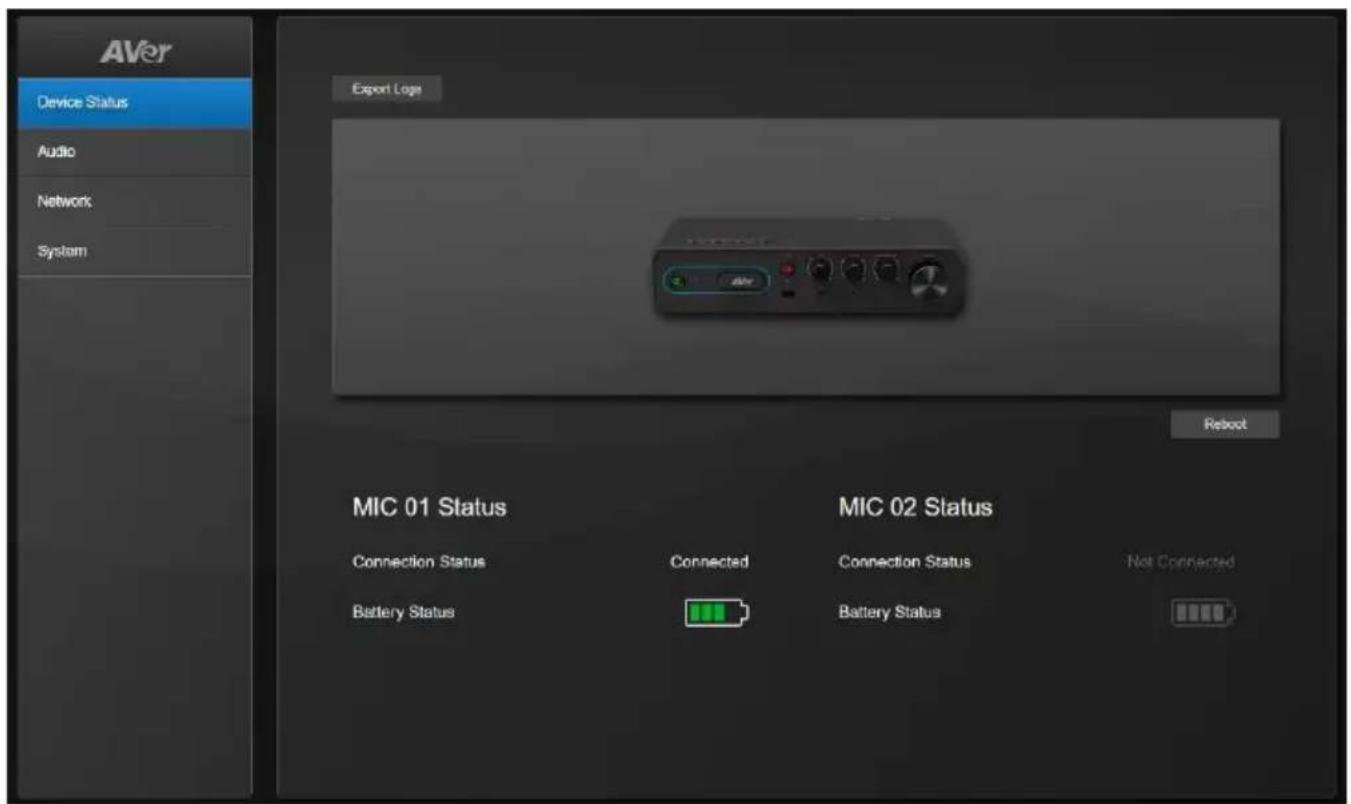 AVer Device Status Audio Network System Export Logo MIC 01 Status Connection Status Battery Status MIC 02 Status Connected Battery Status Not Connected Resort