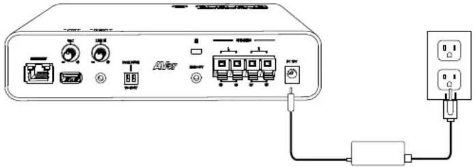 Diagram of a device rear panel connected to a power outlet, showing ports, switches, and connections.