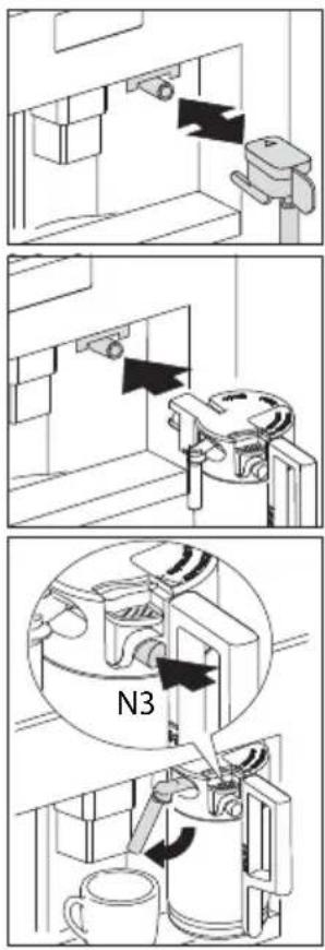 Technical diagram showing three steps of a kitchen or equipment operation with labeled components and directional arrows