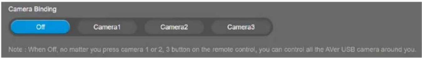 Camera Binding Off Camera1 Camera2 Camera3 Note : When Off, no matter you press camera 1 or 2, 3 button on the remote control, you can control all the AVer USB camera around you.
