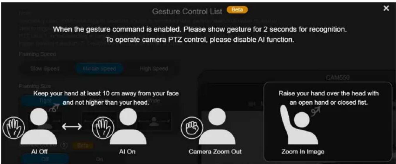Gesture Control List Beta When the gesture command is enabled. Please show gesture for 2 seconds for recognition. To operate camera PTZ control, please disable AI function. Slow Speed Multi Speed High Speed Flaming Size Keep your hand at least 10 cm away from your face and not higher than your head. AI Off AI On Camera Zoom Out Zoom In Image CAM550 Raise your hand over the head with an open hand or closed fist.