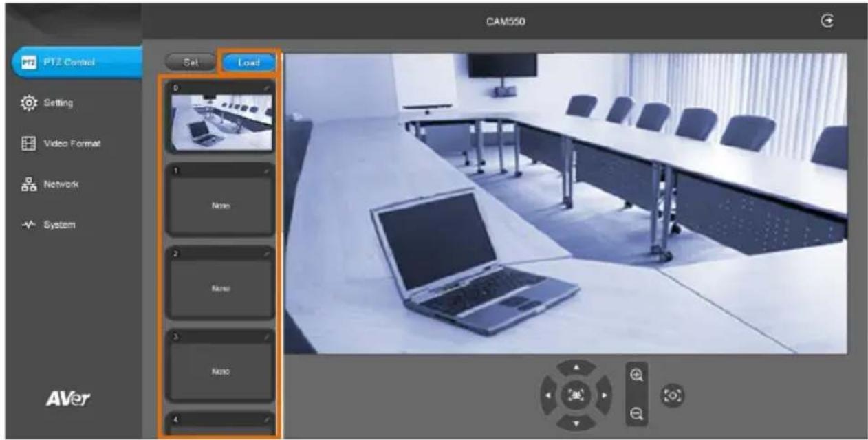 PTZ Control Set Load CAM550 Setting Video Format Network System AVer 0 1 Note 2 Note 3 Note 4