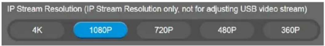 IP Stream Resolution (IP Stream Resolution only, not for adjusting USB video stream) 4K 1080P 720P 480P 360P