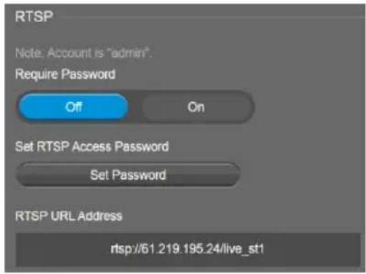 RTSP Note: Account is "admin". Require Password Off On Set RTSP Access Password Set Password RTSP URL Address rtsp://61.219.195.24/live_st1