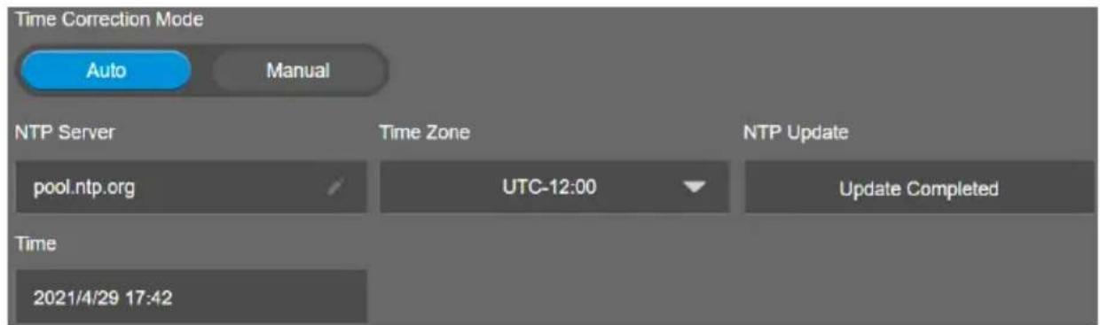 Time Correction Mode Auto Manual NTP Server Time Zone NTP Update pool.ntp.org UTC-12:00 Update Completed Time 2021/4/29 17:42