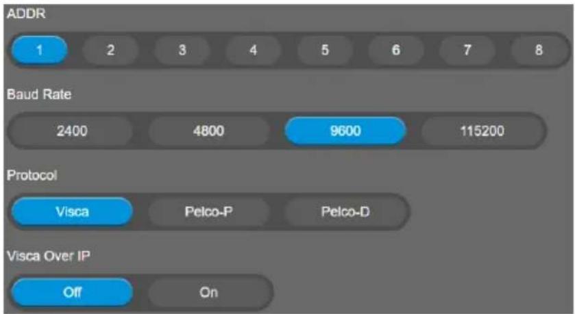 ADDR 1 2 3 4 5 6 7 8 Baud Rate 2400 4800 9600 115200 Protocol Visca Pelco-P Pelco-D Visca Over IP Off On