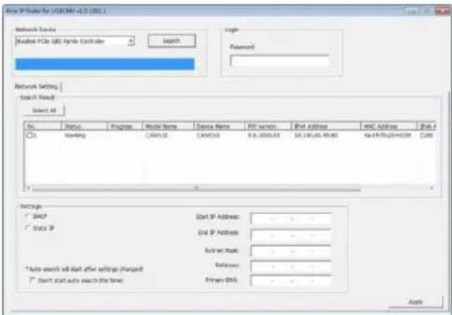 Wire IP Scale for USB drive (4.3.2001) Network Name Realtek PCIe UBC Frame Controller Search Login Password Network Setting USB IP Head Select All No. Status Progress Model Name Service Name PW service IPAT Address HRC Address IPak P OK Marketing CAMOS CAMOS 6.6.2000.03 16.145.05 49.80 ka-19/05/20+03.09 OKS Settings DHCP State IP Start IP Address: End IP Address: Internet Mask: Access: Start start auto search the time: Primary DNS: Apply