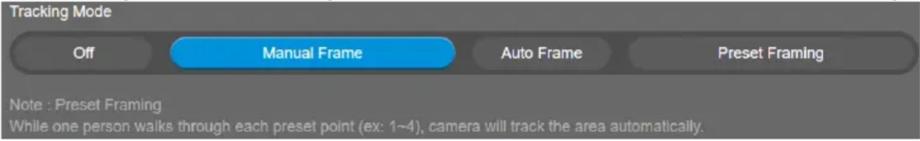 Tracking Mode Off Manual Frame Auto Frame Preset Framing Note : Preset Framing While one person walks through each preset point (ex: 1~4), camera will track the area automatically.