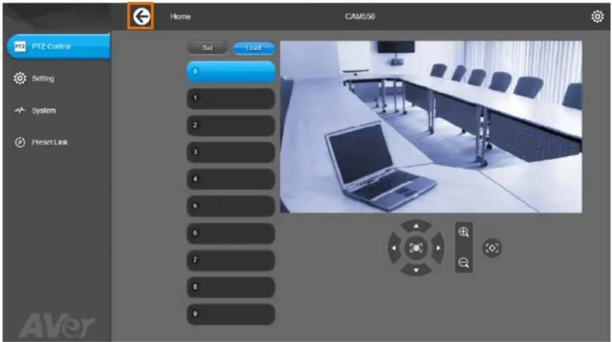 PTZ Control Home CAM550 Set Load Setting System Preset Link 9 1 2 3 4 5 6 7 8 9