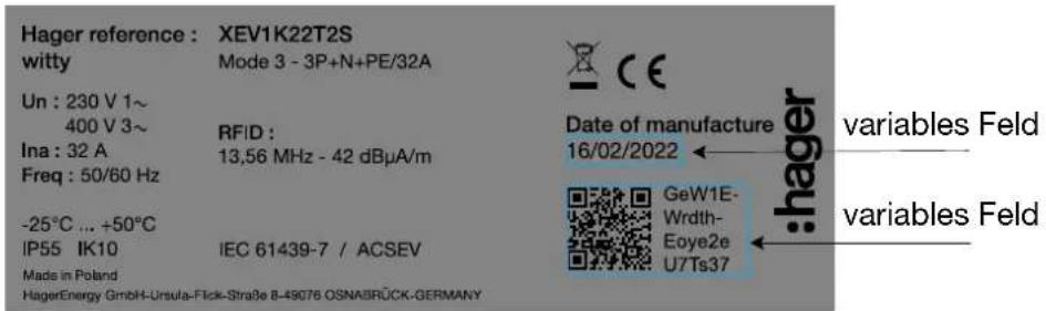 Hager reference : XEV1K22T2S witty Mode 3 - 3P+N+PE/32A Un : 230 V 1~ 400 V 3~ Ina : 32 A RFID : Freq : 50/60 Hz 13,56 MHz - 42 dBµA/m -25°C ... +50°C IP55 IK10 IEC 61439-7 / ACSEV Made in Poland HagerEnergy GmbH-Ursula-Flick-Straße 8-49078 OSNABRÜCK-GERMANY Date of manufacture 16/02/2022 GeW1E- Wrldth- Eoye2e U7Ts37 hager variables Feld variables Feld