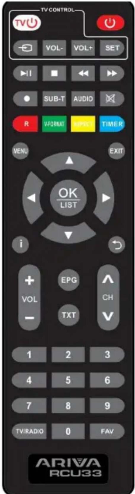 TV CONTROL VOL- VOL+ SET I I SUB-T AUDIO R V-FORMAT IMPROY TIMER MENU EXIT OK LIST i EPG CH VOL TXT 1 2 3 4 5 6 7 8 9 TV/RADIO 0 FAV ARIVA RCU33
