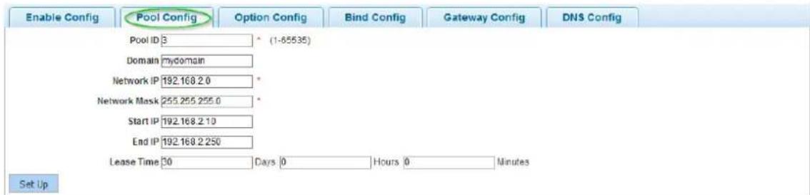 Enable Config Pool Config Option Config Bind Config Gateway Config DNS Config Pool ID 3 (1-65535) Domain mydomain Network IP 192.168.2.0 Network Mask 255.255.255.0 Start IP 192.168.2.10 End IP 192.168.2.250 Lease Time 30 Days 0 Hours 0 Minutes Set Up