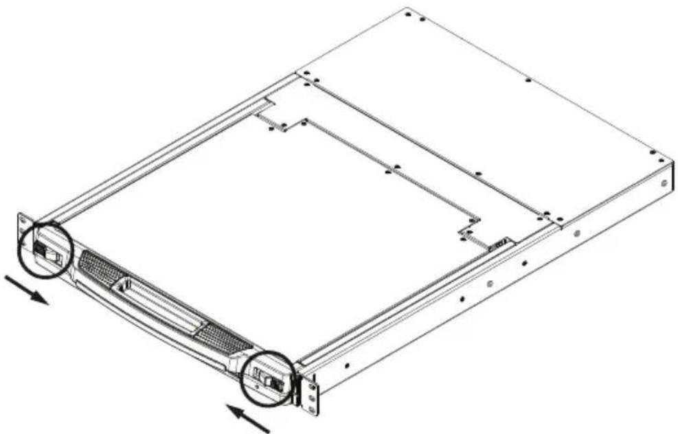 Technical line drawing of a server rack with two ports and mounting holes, showing internal structure and directional arrows (no text or symbols)