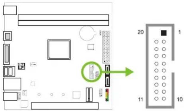 Diagram of a computer motherboard layout with labeled components and a green arrow pointing to a component labeled 10.
