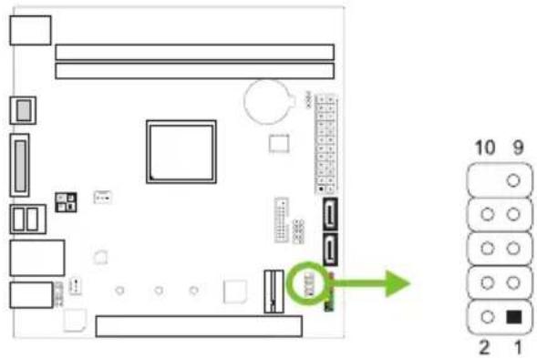 Diagram of a computer motherboard layout with labeled components and a green arrow pointing to a component, alongside a vertical indicator box showing numbered indicators.