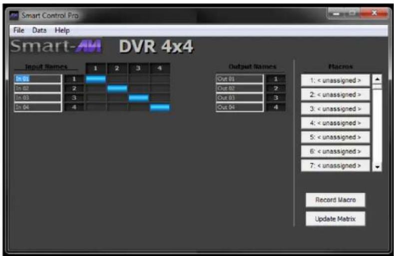 Smart Control Pro File Data Help Smart-AM DVR 4x4 Input Names In 01 In 02 In 03 In 04 1 2 3 4 Output Names Out 01 1 Out 02 2 Out 03 3 Out 04 4 Macros 1: < unassigned > 2: < unassigned > 3: < unassigned > 4: < unassigned > 5: < unassigned > 6: < unassigned > 7: < unassigned > Record Macro Update Matrix