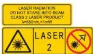 LASER RADIATION DO NOT STARE INTO BEAM CLASS 2 LASER PRODUCT λ=650nm,<1mW LASER 2