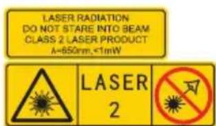 LASER RADIATION DO NOT STARE INTO BEAM CLASS 2 LASER PRODUCT A=650nm,<1mW LASER 2
