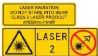 LASER RADIATION DO NOT STARE INTO BEAM CLASS 2 LASER PRODUCT A=650nm, <1mW LASER 2