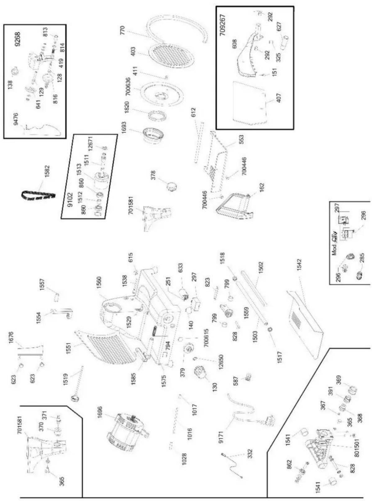 Technical diagram of a mechanical assembly with labeled components and part numbers, including exploded and assembled views.