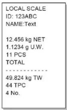 LOCAL SCALE ID: 123ABC NAME:Text 12.456 kg NET 1.1234 g U.W. 11 PCS TOTAL 49.824 kg TW 44 TPC 4 No.