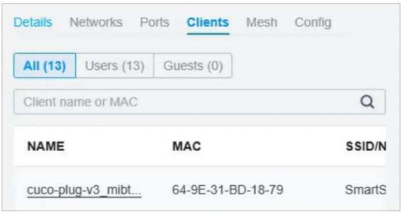 Details Networks Ports Clients Mesh Config All (13) Users (13) Guests (0) Client name or MAC NAME MAC SSID/N cuco-plug-v3_mibt... 64-9E-31-BD-18-79 SmartS