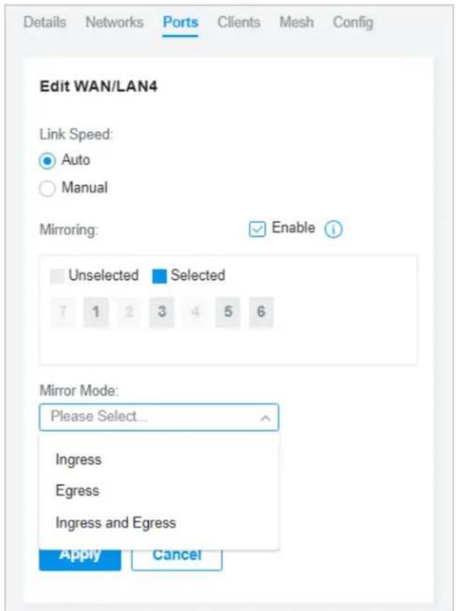 Details Networks Ports Clients Mesh Config Edit WAN/LAN4 Link Speed: Auto Manual Mirroring: Enable i Unselected Selected 7 1 2 3 4 5 6 Mirror Mode: Please Select... Ingress Egress Ingress and Egress Apply Cancel