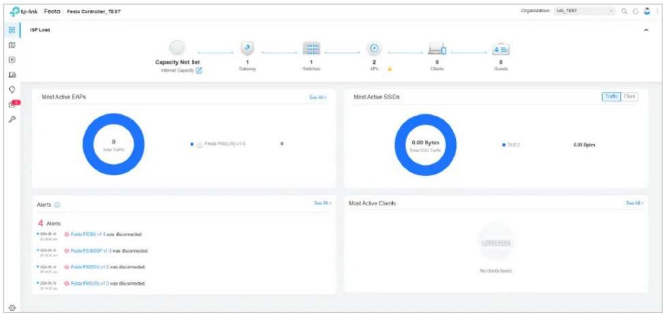 tp-link Festa Festa Controller_TBST ISP Load Capacity Not Set 1 Gateway 1 Switchbo 2 APs 0 Clients 0 Guests Internet Capacity Most Active EAPs 0 Total Traffic Festa F8(US) v1.0 6 Most Active SSIDs 0.00 Bytes Test 2 0.00 Bytes Traffic Clients Alerts 4 Alerts 2024-01-05 Festa F8(US) v1.0 was disconnected 2024-01-05 Festa F8/00FP v1.0 was disconnected 2024-01-05 Festa F8(US) v1.0 was disconnected 2024-01-05 Festa F8/US v1.0 was disconnected Most Active Clients No clients trend IP Load