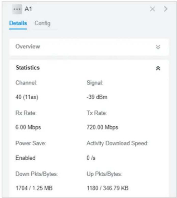 A1 Details Config Overview Statistics Channel: Signal: 40 (11ax) -39 dBm Rx Rate: Tx Rate: 6.00 Mbps 720.00 Mbps Power Save: Activity Download Speed: Enabled 0 /s Down Pkts/Bytes: Up Pkts/Bytes: 1704 / 1.25 MB 1180 / 346.79 KB