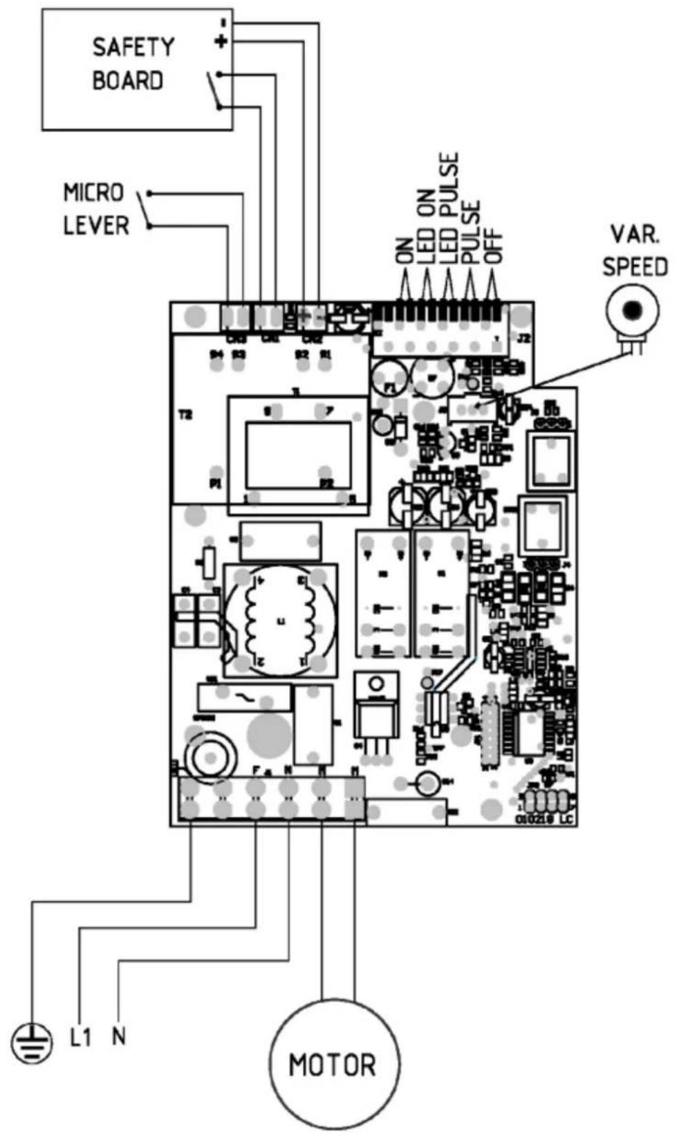SAFETY BOARD MICRO LEVER ON ON LED ON LED PULSE PULSE OFF VAR. SPEED L1 N MOTOR
