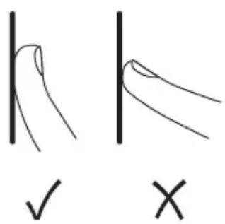 Hand-drawn diagrams showing correct and incorrect hand positions with checkmark and cross symbols
