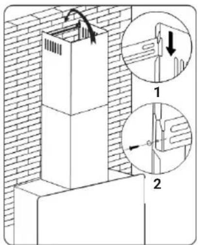 Technical diagram showing brick wall installation with two views of a chimney and a tool, labeled 1 and 2.