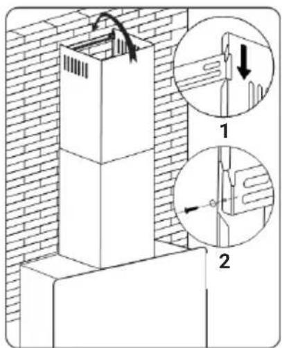 Technical diagram showing brick wall installation with two views of a pipe joint, labeled 1 and 2, with arrows indicating direction.
