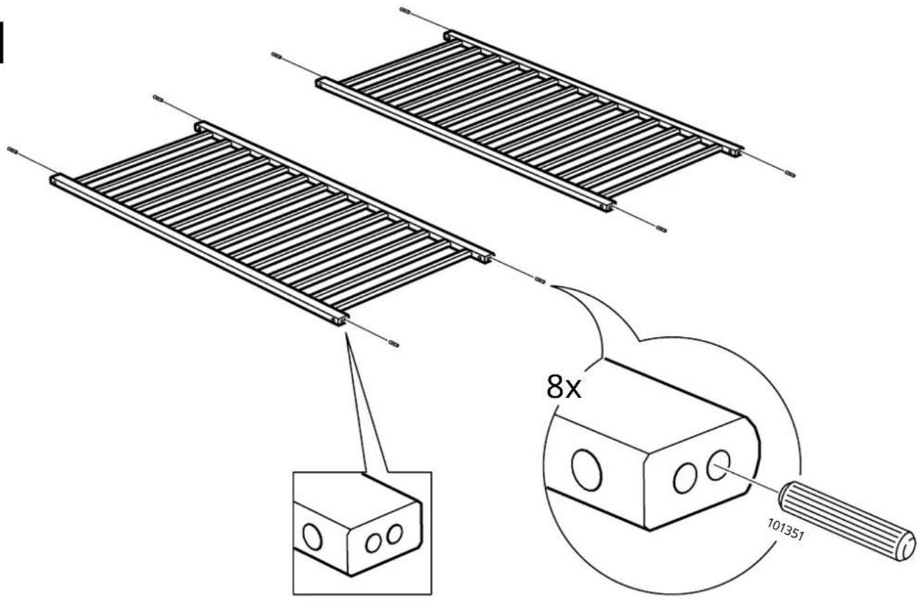 Technical diagram showing assembly of two parallel ladders with a 8x ratio and a 101351 component, including a close-up view of the base.