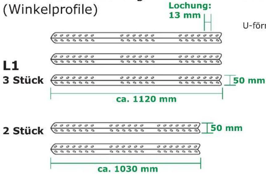 (Winkelprofile) Lochung: 13 mm U-förr L1 3 Stück 50 mm ca. 1120 mm 2 Stück 50 mm ca. 1030 mm