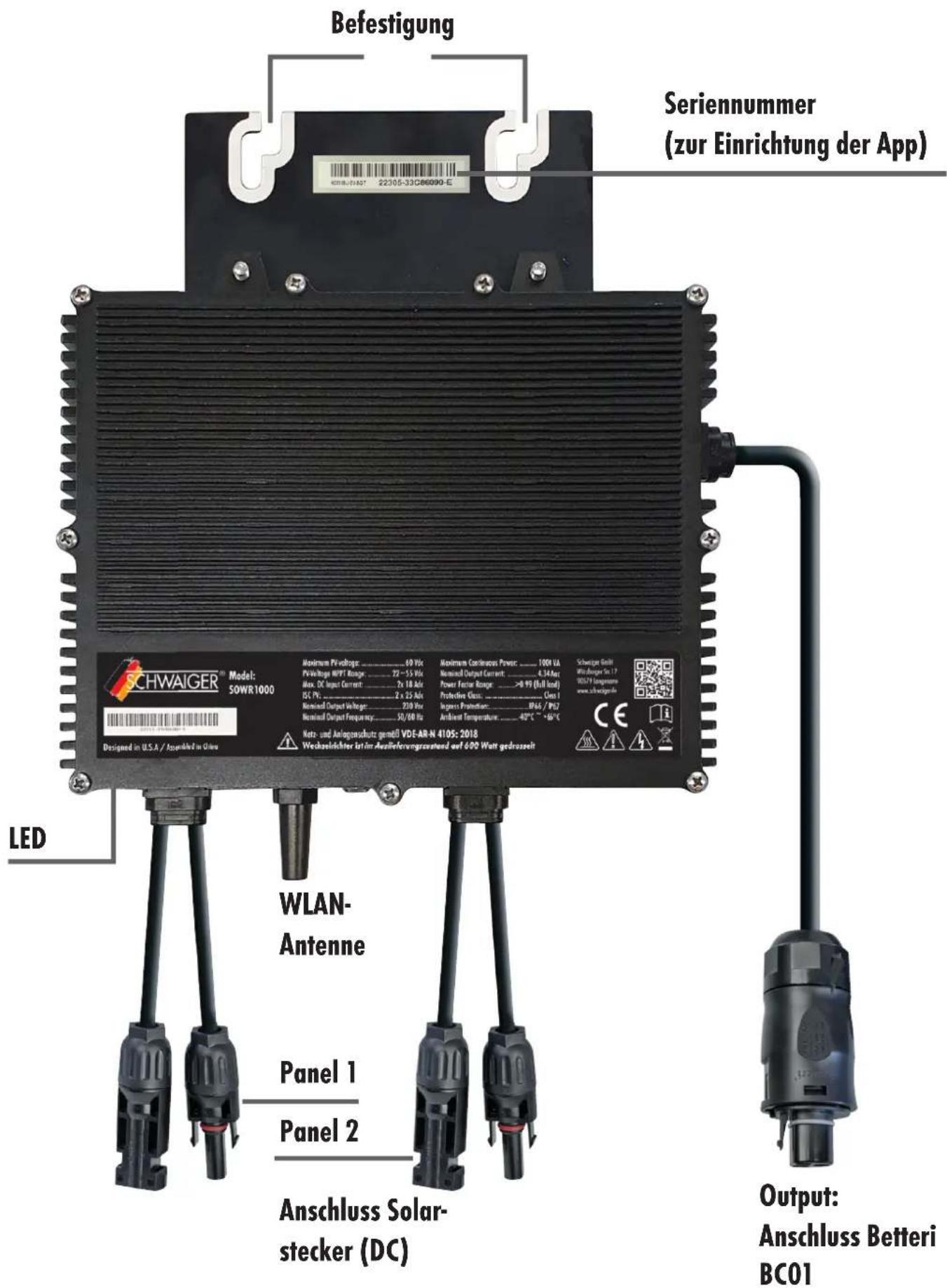 Befestigung SERiennummer (zur Einrichtung der App) SCHWAIGER® Model: 50WR1000 Designed in U.S.A. / Assembly in China LED WLAN- Antenne Panel 1 Panel 2 Anschluss Solar- stecker (DC) Output: Anschluss Betteri BC01