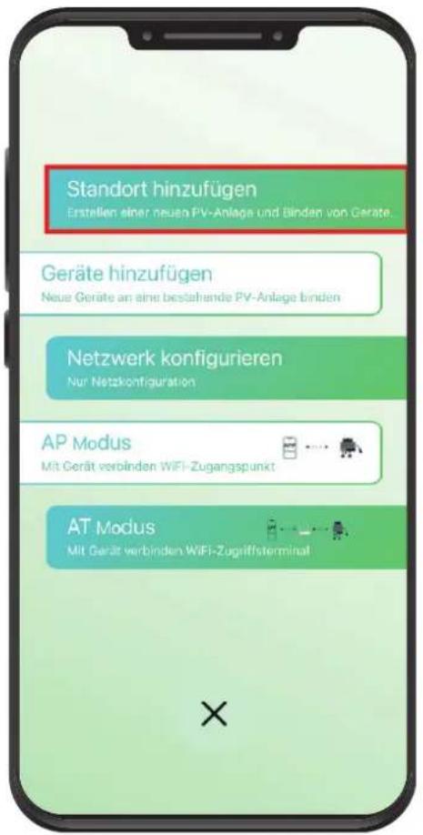 Standort hinzufügen Erstellen einer neuen PV-Anlage und Binden von Gerate. Geräte hinzufügen Neue Gerate an eine bestehende PV-Anlage binden Netzwerk konfigurieren Nur Netzkonfiguration AP Modus Mit Gerät verbinden WIFI-Zugangspunkt AT Modus Mit Gerät verbinden WIFI-Zugriffsterminal