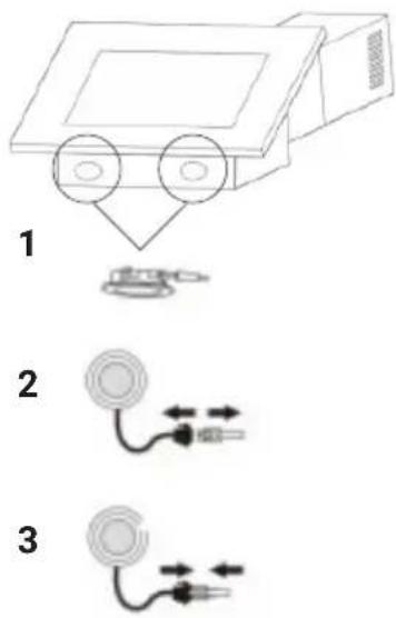 Diagram showing three labeled components of a device with circular parts, including a connector and wiring diagram.