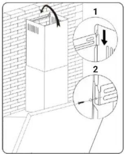 Technical diagram showing brick wall installation with two views of a pipe fitting, labeled 1 and 2, with arrows indicating direction.