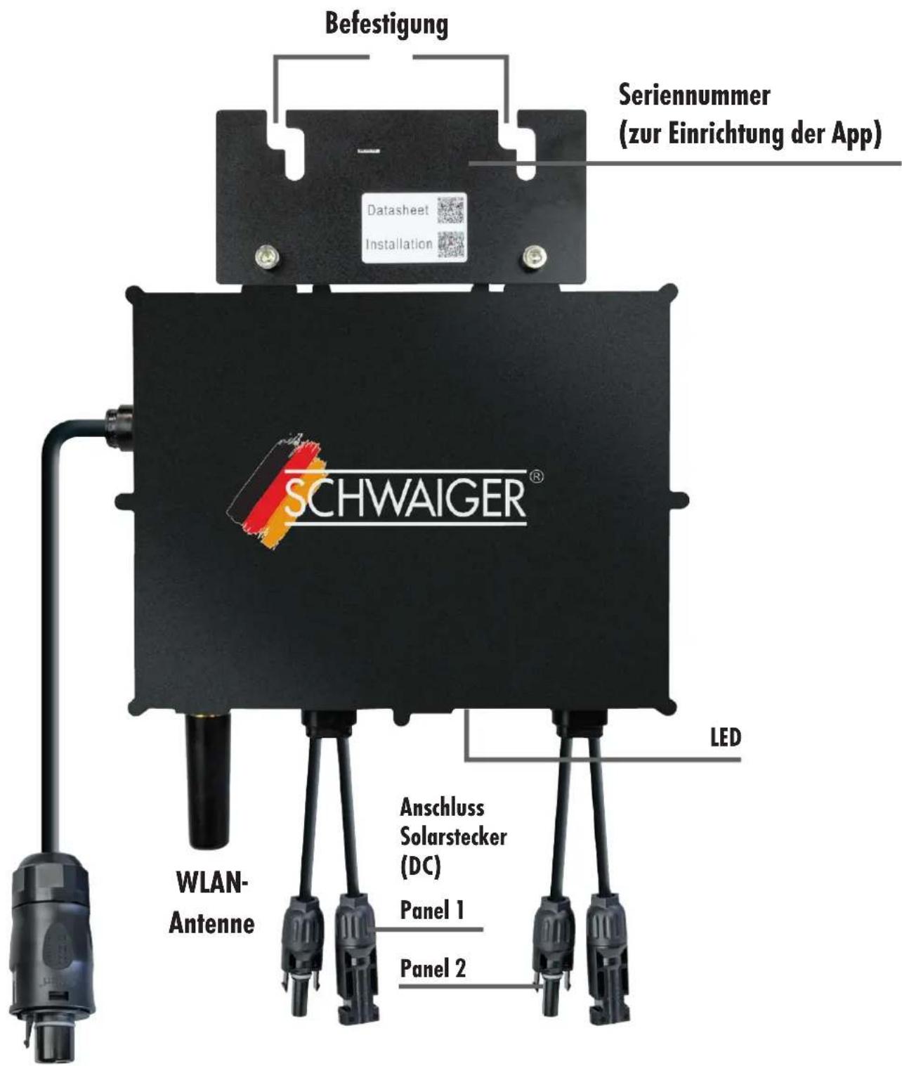 Befestigung Seriennummer (zur Einrichtung der App) Datasheet Installation SCHWAIGER® LED WLAN- Antenne Anschluss Solarstecker (DC) Panel 1 Panel 2