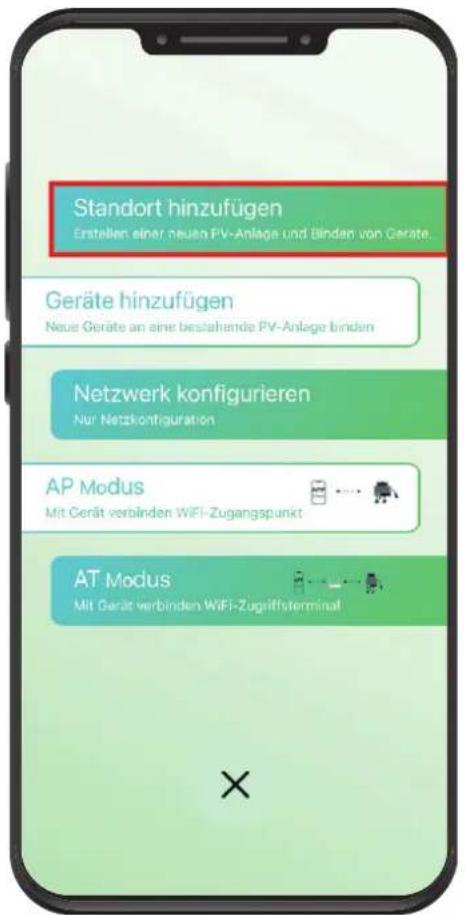 Standort hinzufügen Erstellen einer neuen PV-Anlage und Binden von Gerate. Geräte hinzufügen Neue Geräte an eine bestahende PV-Anlage binden Netzwerk konfigurieren Nur Netzkontfiguration AP Modus Mit Gerät verbinden WIFI-Zugangspunkt AT Modus Mit Gerät verbinden WIFI-Zugriffsterminal