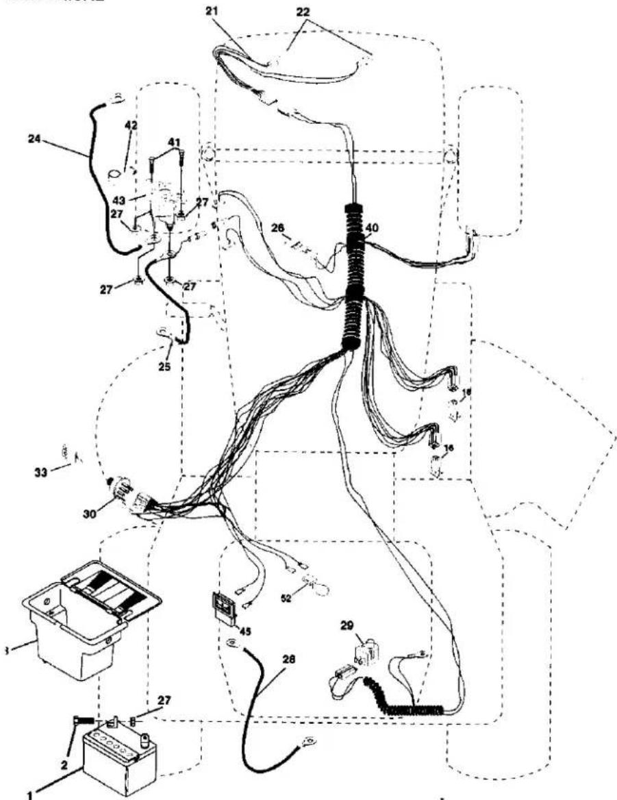 Technical diagram of a battery connected to various wires and components with numbered labels